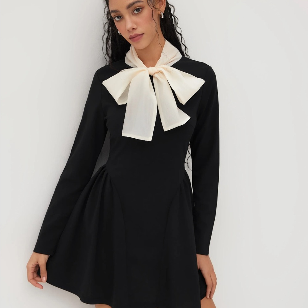 Black Dress with Cream Bow